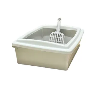 Arenero para gatos semicerrado minimalista con pala a juego en beige y blanco