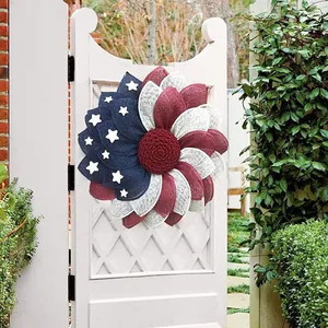 Patriotic Fourth of July burlap flower wreath with US flag stars and stripes design