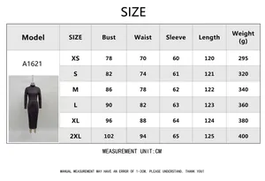 Detailed size chart for a slim long-sleeve bodycon dress with measurements in centimeters.