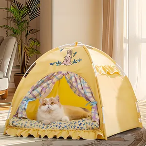 Tenda letto gialla per gatti e cani piccoli con motivo a coniglio e cuscino morbido