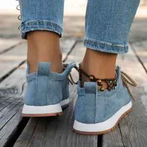 Rear view of women's light blue suede slip-on loafers featuring soft white rubber soles.