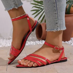 Detailed view of red French style flat sandals with pointed toe and ankle strap.