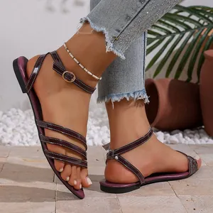 Elegant French style flat sandals with pointed toe and ankle strap in deep purple finish.