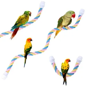 Durable colorful macaron cotton rope climbing perch for parrots showing different usage angles