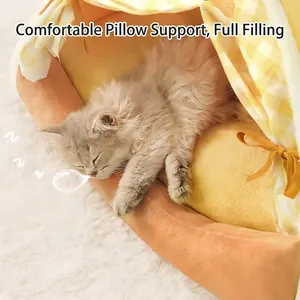 Fully enclosed cozy cat tent bed with soft yellow gingham fabric and plush pillow