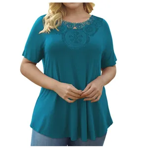 Grote Maten Dames Kant Korte Mouw T-shirt Geplooide Zoom Pullover Top Casual Polyester Zomer Losse Blouse