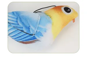 Close-up view of the colorful plush bird cat toy showing fabric texture and detail.