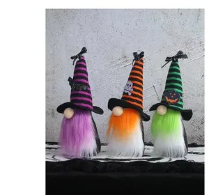 Trio of Halloween gnomes with colorful beards and striped wizard hats for home decor.