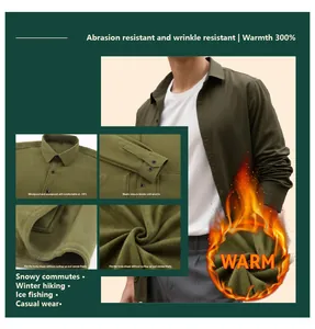 Detalle de camisa forrada de felpa verde oliva que muestra textura y funciones