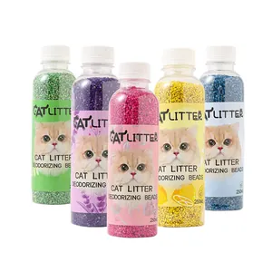 Set of five colorful cat litter deodorizing beads bottles for long-lasting odor control