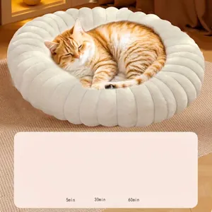 Lit douillet rond en peluche pour animaux avec graphique de performance thermique