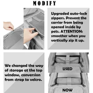 Detail view of the gray pet carrier featuring upgraded zippers and velcro straps