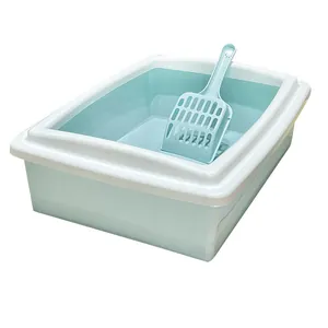 Large semi-enclosed rectangular cat litter box with matching scoop in light blue for pets
