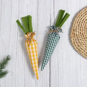 Handmade fabric checkered Easter carrot ornaments with green felt tops and rustic twine