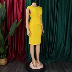 Elegantes gelbes ärmelloses Bleistiftkleid mit Falten für Damen im Büro und Alltag