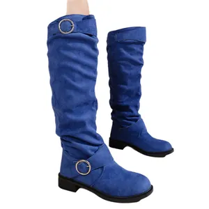 Stylish blue slouchy suede knee-high boots for women featuring silver buckles and thick heels.