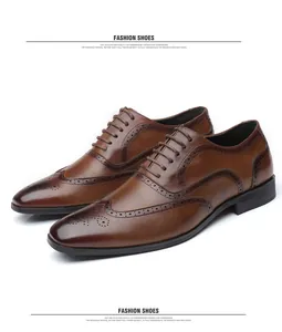 Detailed view of brown leather Brogue shoes with classic perforated wingtip design.