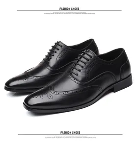 A close-up 45-degree angle view of classic black leather Brogue dress shoes for men