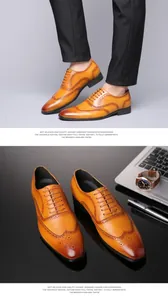Detail of premium tan leather brogue dress shoes with intricate perforated patterns