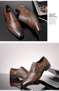 Detailed macro shot of brown leather brogue shoes with elegant wingtip patterns
