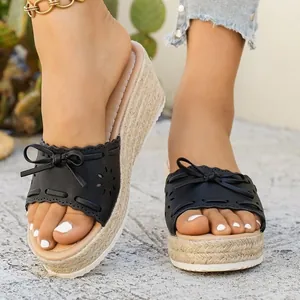 Pantofole con Zeppa da Donna alla Moda Sandali Plateau Espadrillas con Fiocco e Design Floreale Intagliato Estate Mare Scarpe Casual