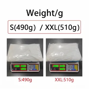 Weight measurement of white pleated long sleeve dress showing 490g for S and 510g for XXL