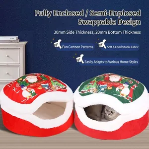 Cuccia semichiusa per gatti a tema natalizio con disegni di Babbo Natale