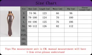 Detailed size chart for strapless evening gown including bust and waist measurements
