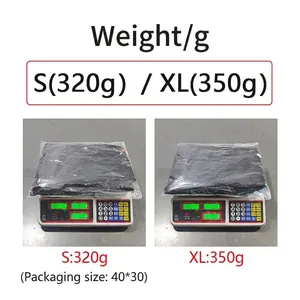 Detail showing weight of sequin trousers, S size 320g and XL 350g, in package.