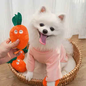 Cute carrot-shaped plush squeaky toy for pets with embroidered face in a cozy pet scene