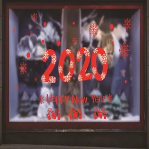 Pegatinas de ventana rojas Año Nuevo 2020 con copos y texto Happy New Year diseño.