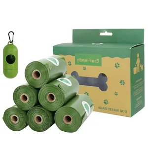 Eco-friendly biodegradable dog waste bags with green capsule dispenser set.