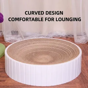Curved round corrugated cat scratcher lounge with replaceable bowl and durable white shell