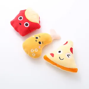Set of cute food-shaped plush cat toys with fries, chicken leg, and pizza designs