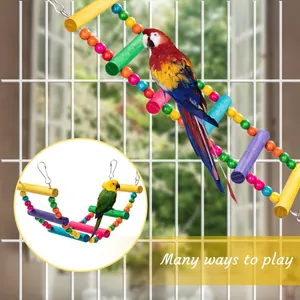 Colorful parrot ladder swing toy detail showing versatile ways to play in a cage.