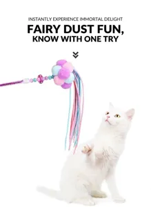 Detail of a colorful cat teaser wand with plush balls and long ribbons for kittens