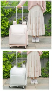 Detail view of foldable waterproof pet trolley backpack in pink and white outdoors