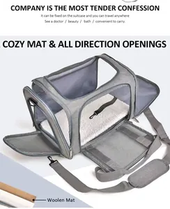 Detail view of breathable grey pet carrier with open panels and cozy woolen mat