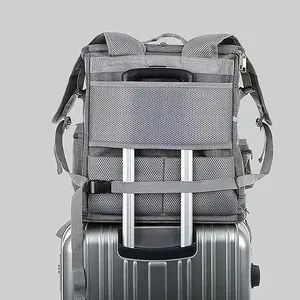 Large gray expandable pet carrier backpack for cats and small dogs with luggage strap