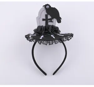 Macro detail of gothic Halloween headband featuring black crow and tombstone design