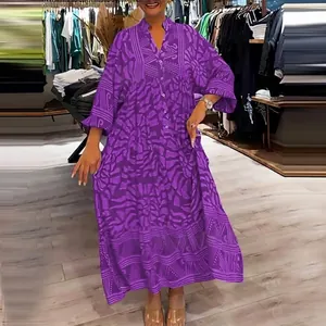 Full view of a stylish purple abstract print loose maxi dress for women in summer