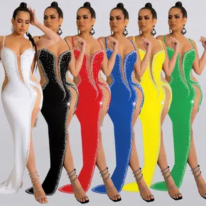 Women Sexy Sheer Mesh Rhinestone Halter Evening Dress High Slit Elegant Maxi Long Party Clubwear Fish Tail Dress