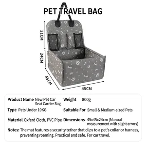 Foldable gray pet car seat carrier with paw print pattern and explicit dimension details