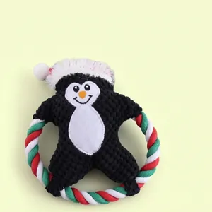 Christmas penguin plush dog squeaky toy with durable cotton rope ring for chewing