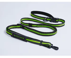 Reflective bungee dog leash with adjustable waist belt for hands-free running sessions