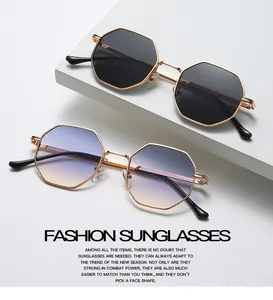 Two pairs of trendy octagonal metal sunglasses with black and gradient blue lenses