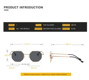 Detailed dimensions and technical specifications for retro polygonal metal frame sunglasses