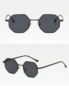 Detail views showing front and side angles of black polygonal metal sunglasses.