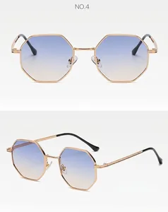 Close-up detail of polygonal metal sunglasses featuring stylish blue gradient lenses