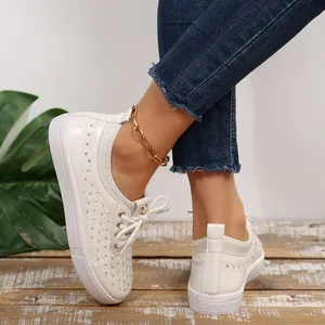 Breathable microfiber leather white sneakers with hollow mesh and rhinestones
